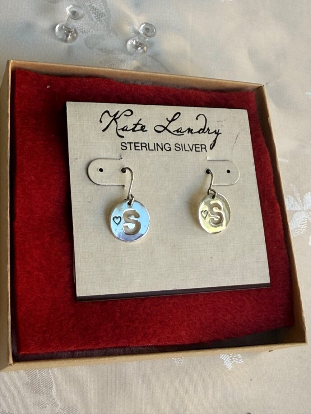 Kate Landry Sterling Silver Heart Initial "S" Dangle Earrings w/ Hook Style Back